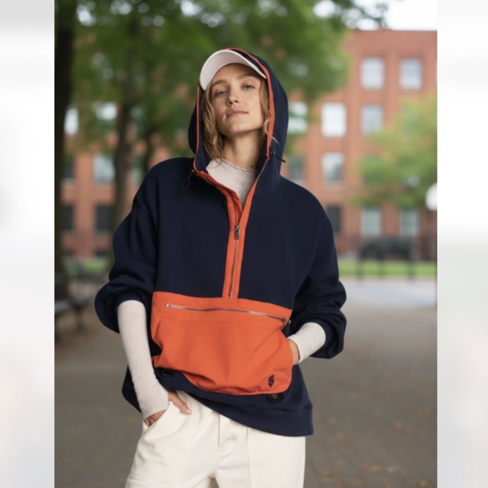 NEW FP Movement  Sweatshirt At Your Best Quarter Zip Hooded Blue Orange
